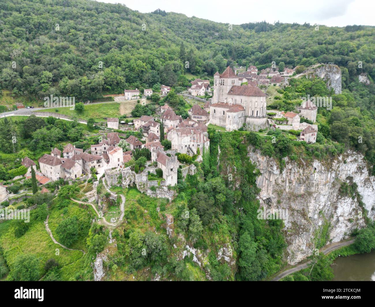 Saint-Cirq-Lapopie Lot Valley France Drone , aerial , view from air Stock Photo