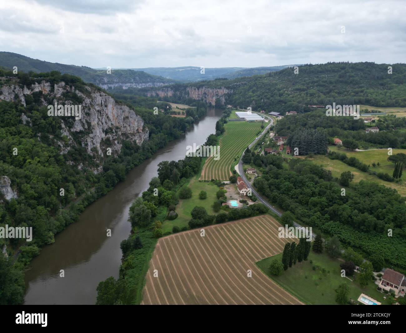 Neat crops on farm  in Lot Valley France drone,aerial Stock Photo