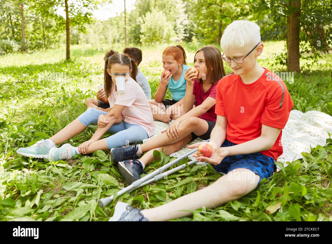 Handicapped boy holding apple sitting with friends on blanket at park Stock Photo