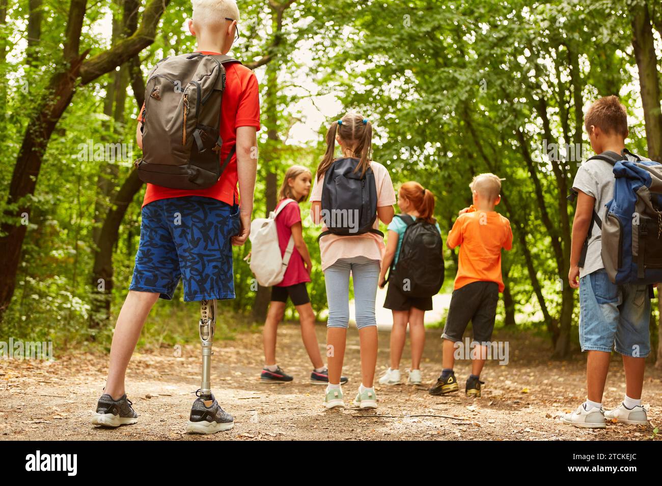 Rear view of disabled boy trekking with friends while walking on footpath at forest Stock Photo