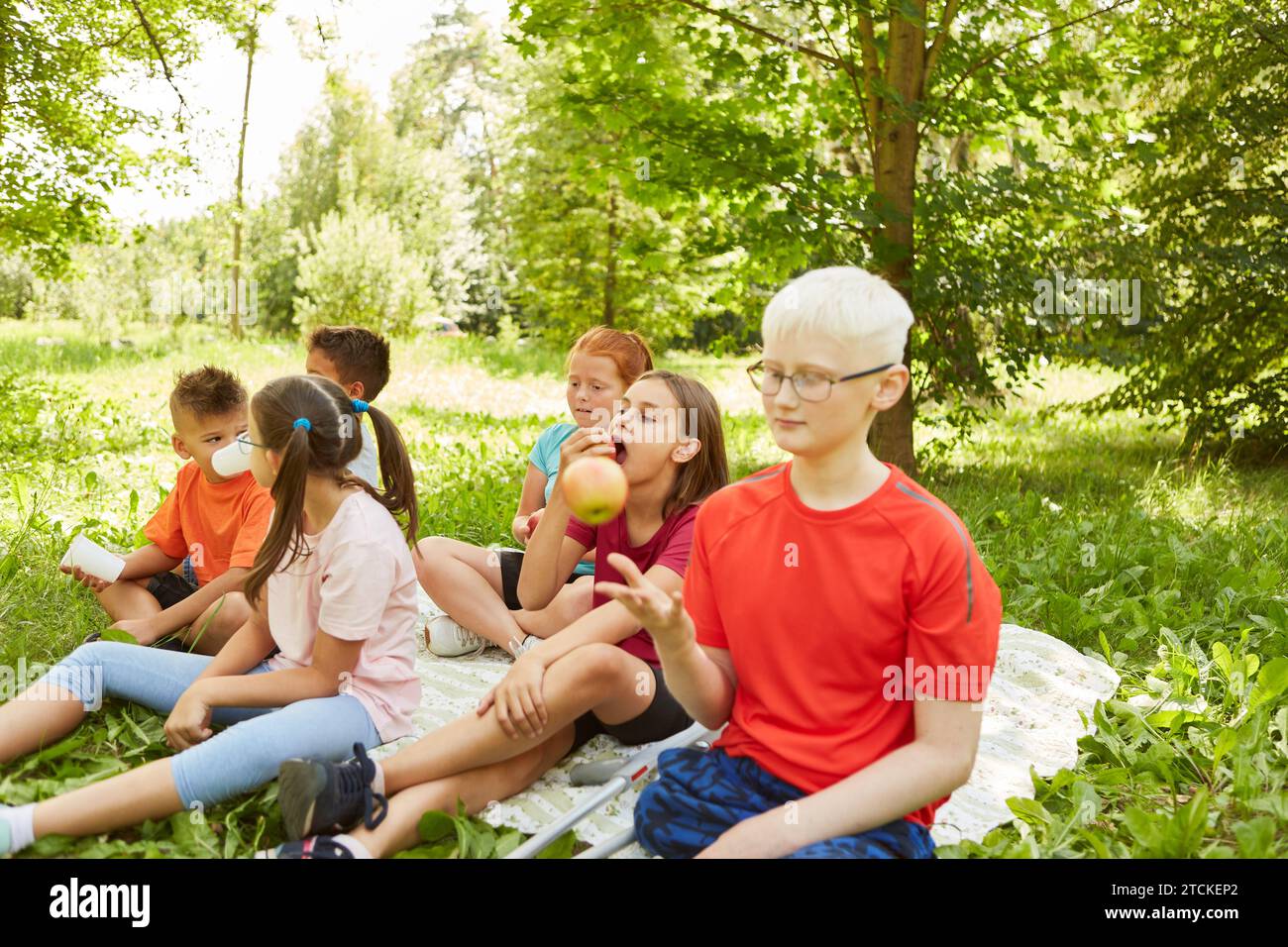 Children having food and drinks while sitting on blanket at park Stock Photo