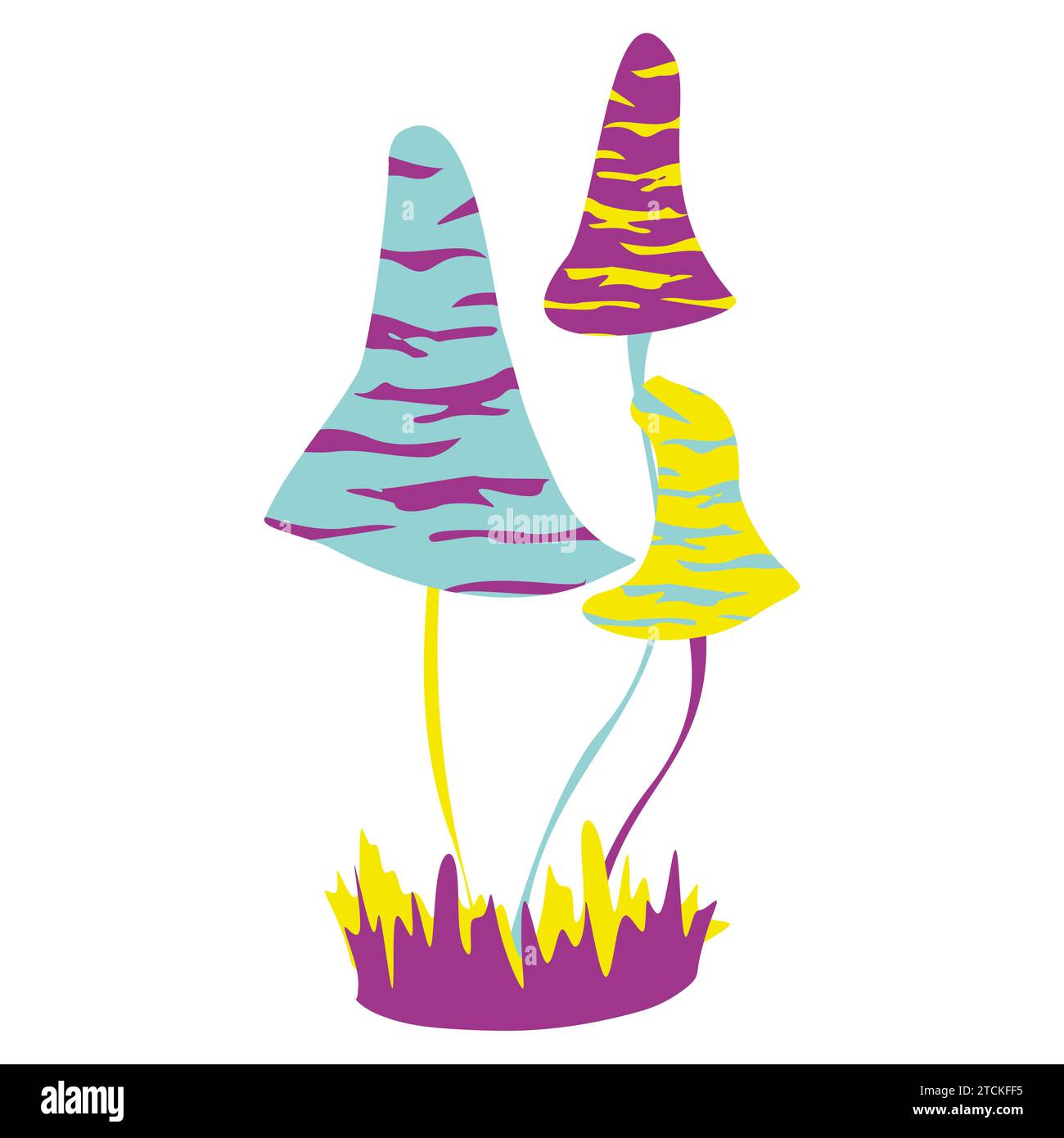 Magic mushrooms. Psychedelic hallucination. Vibrant vector illustration isolated on white. 60s hippie colorful art in vivid acid colors. Fantasy plant Stock Vector