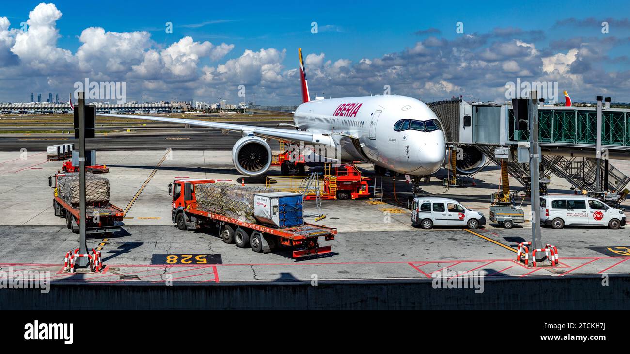 Madrid, Spain; May 31, 2023: Panoramic view of the fabulous airbus A350-900, which is a new-generation wide-body aircraft of the Spanish airline Iberi Stock Photo