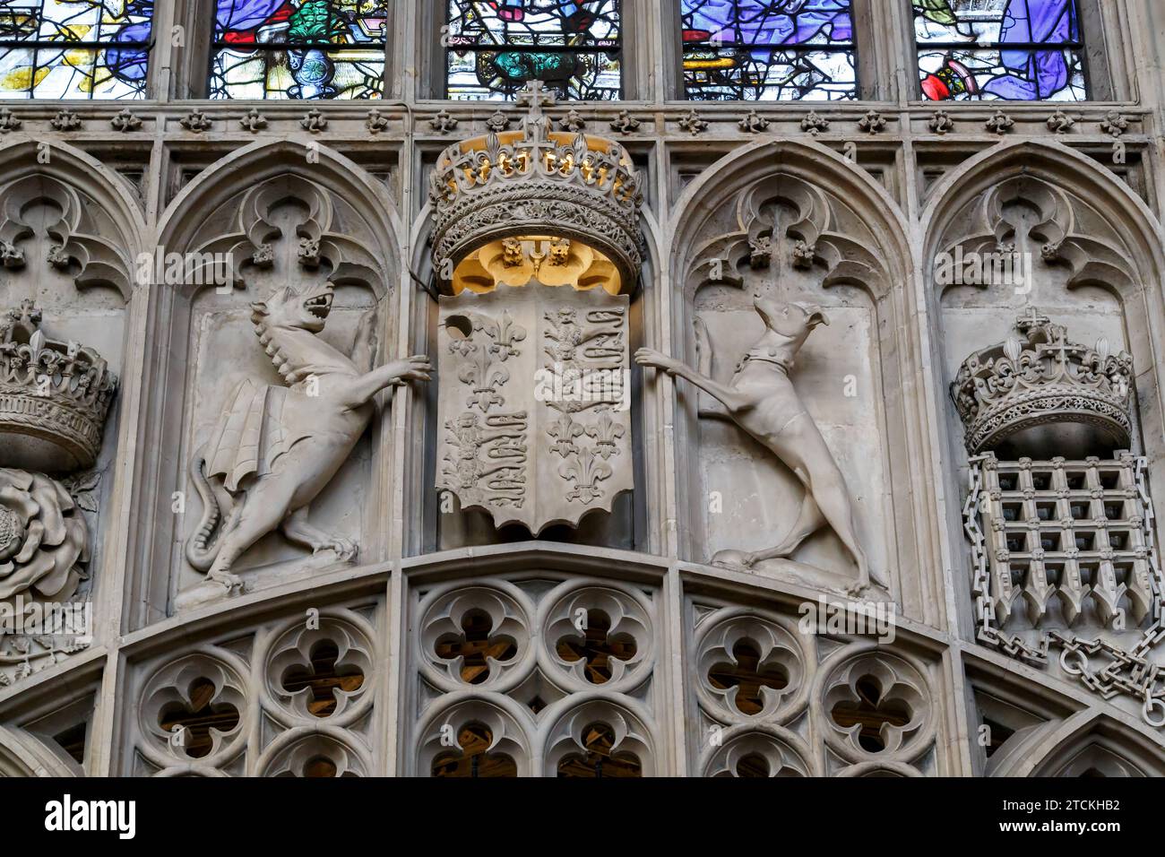 CAMBRIDGE, GREAT BRITAIN - SEPTEMBER 8, 2014: This is the coat of arms of King Henry VII Tudor in the interior of the King College Сhapel. Stock Photo