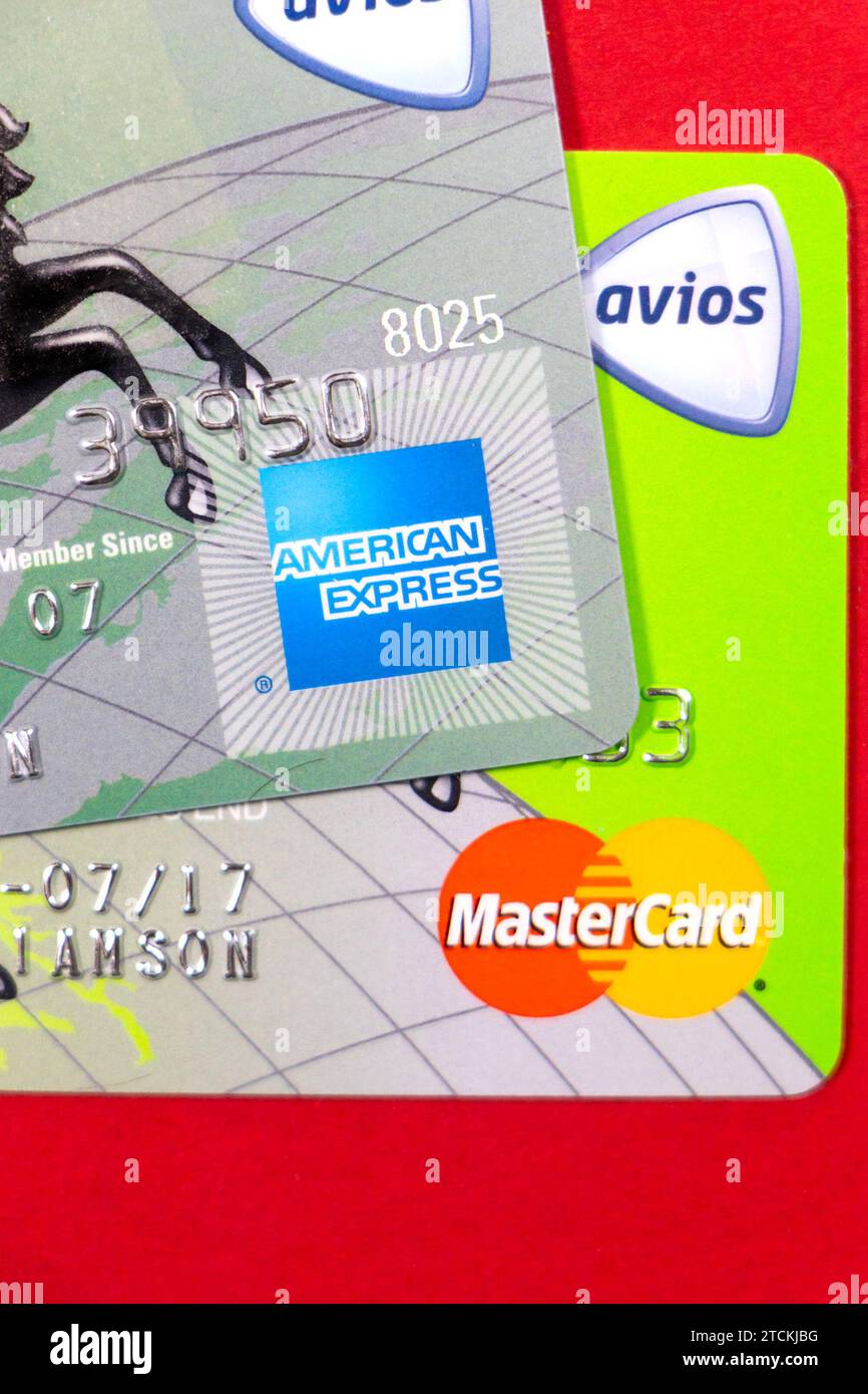Avios airmiles old mastercard and american express credit cards isolated on  studio background Stock Photo