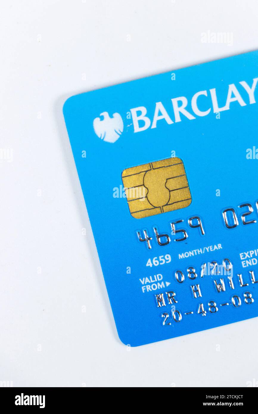closeup plastic barclays visa connect debit card isolated on white