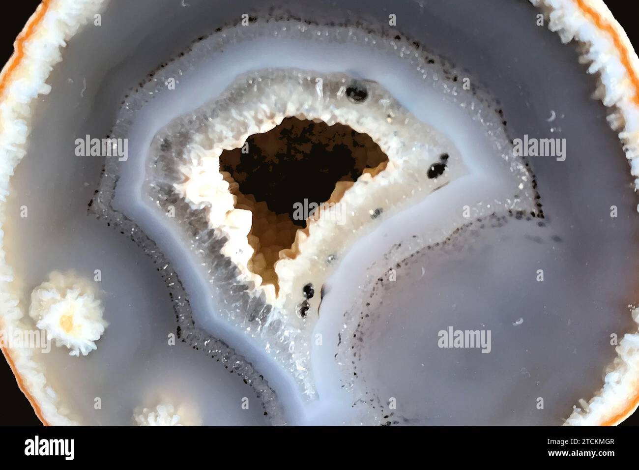 Art inspired by crystal filled interior of a geode, hollow, often spherical rocks, containing mineral matter (including quartz) are secluded. Geology Stock Photo