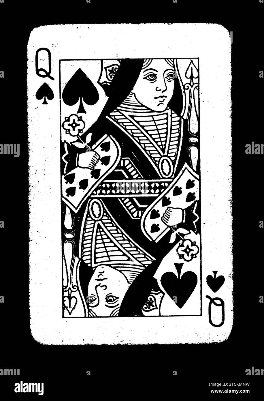 Vintage queen of spades playing card in black and white on a black ...