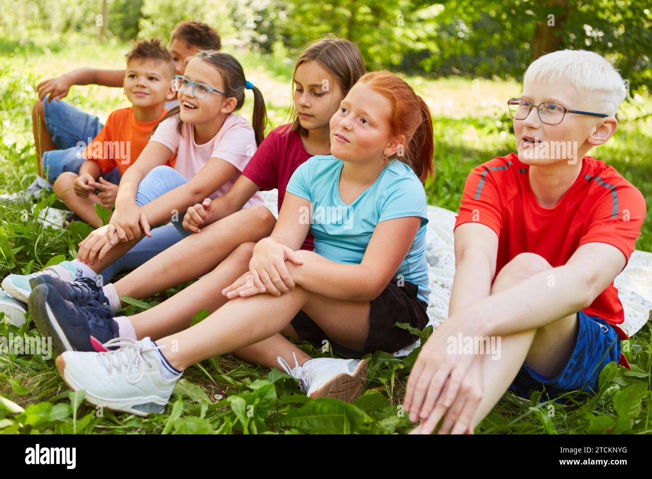 Smiling male and female friends looking away while sitting together on grass at park Stock Photo