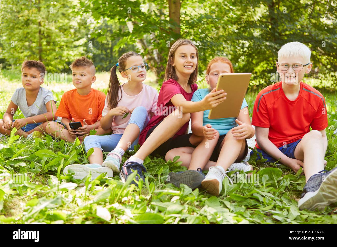 Smiling girl holding tablet PC while sitting with friends on grass at park Stock Photo