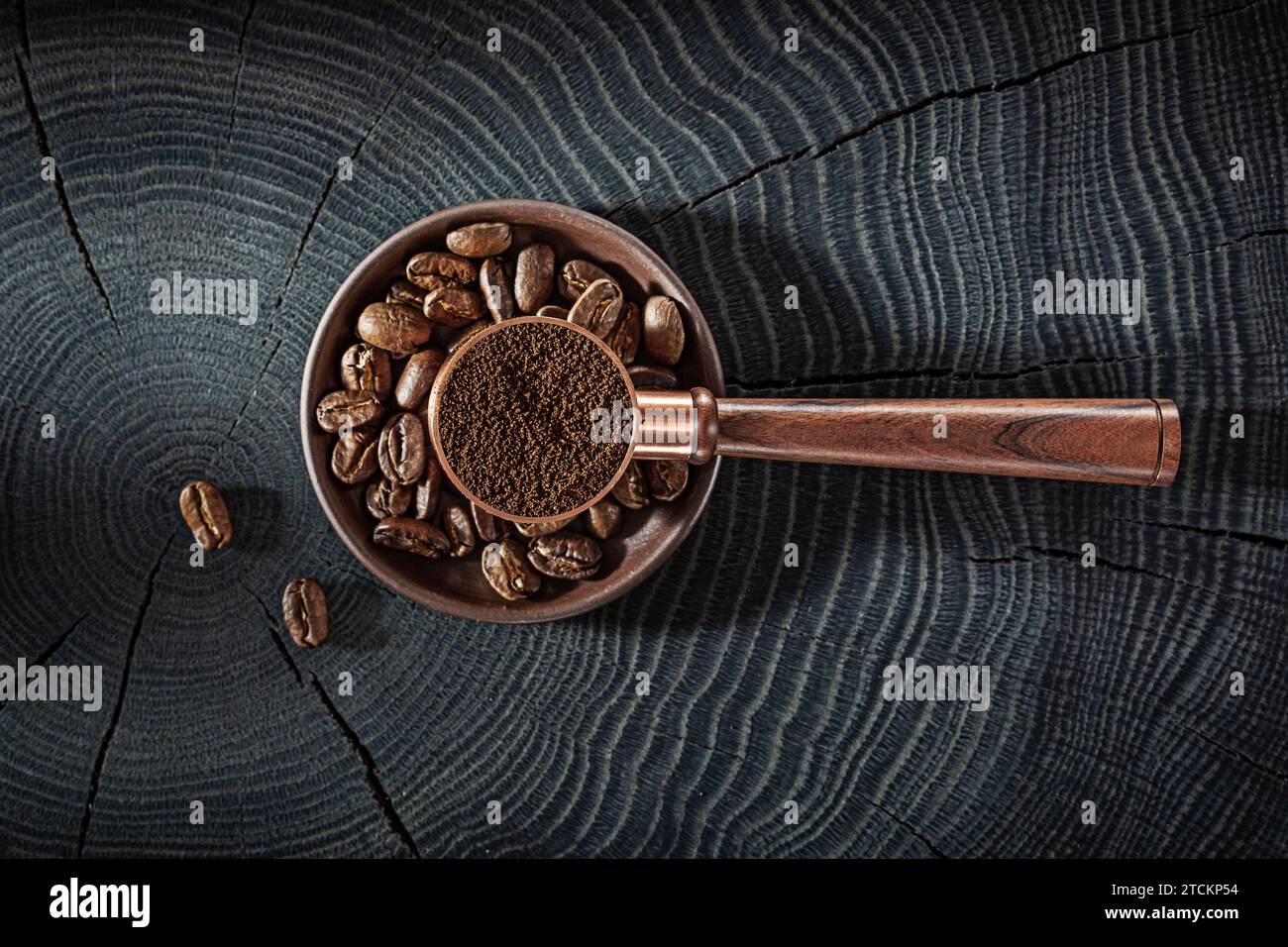 Classic Copper Coffee Measuring Scoop With Ground Stock Photo