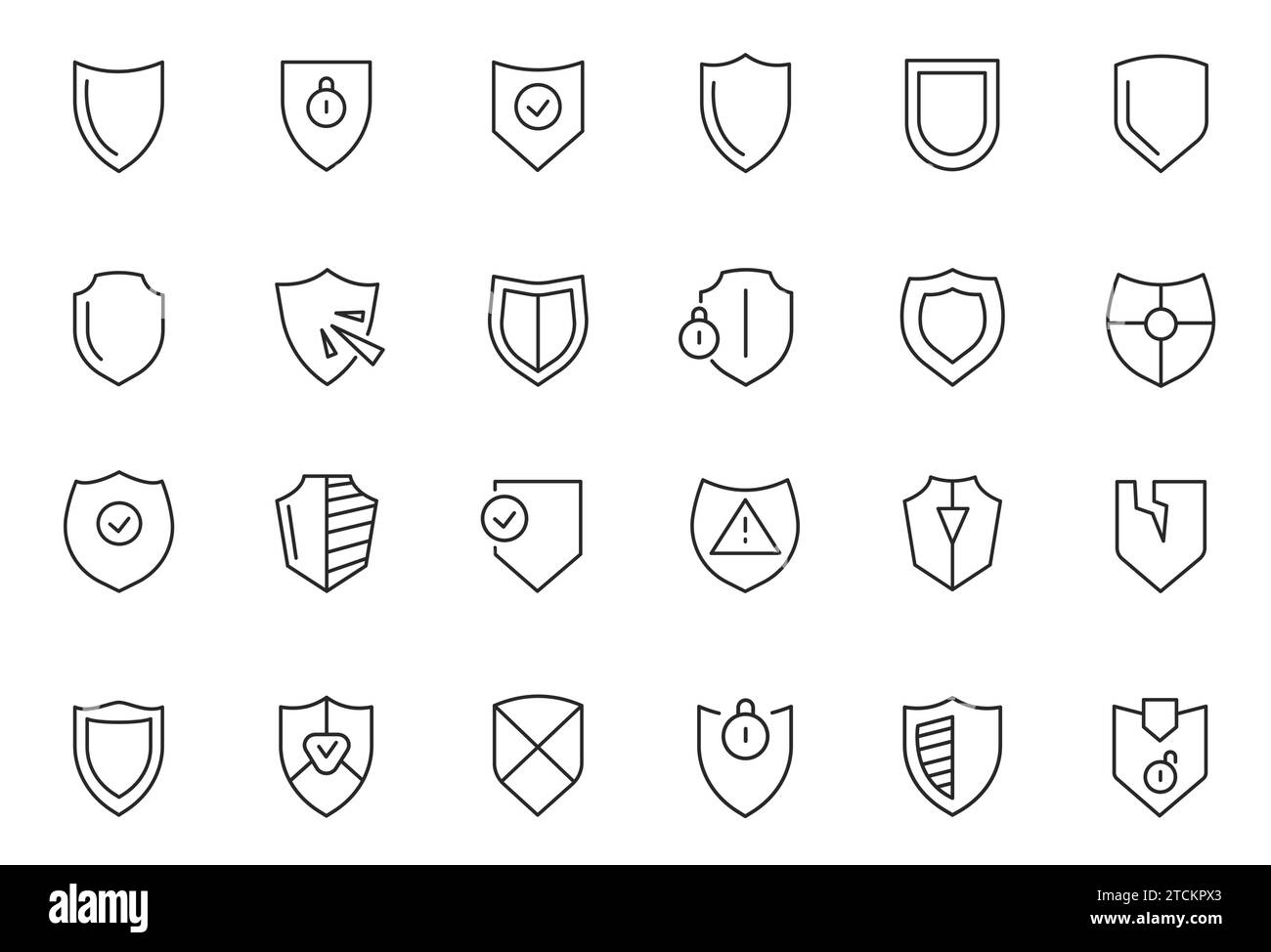 Shield line icons. Medieval heraldic insignia, empty security protection blank icons, privacy guarantee blank badges. Vector isolated collection Stock Vector