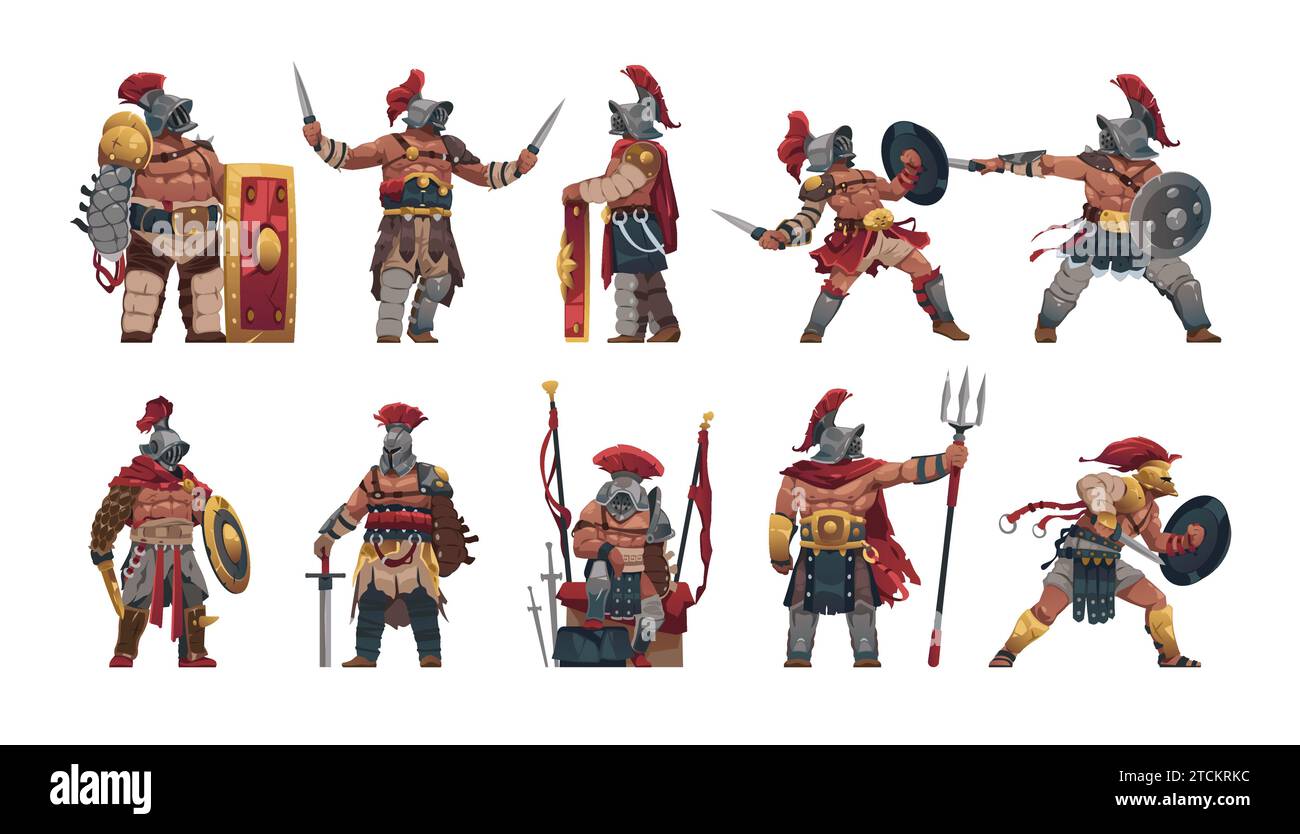 Gladiator characters. Cartoon ancient roman gladiator warrior in different fighting and standing poses, 2D game asset. Vector isolated set Stock Vector