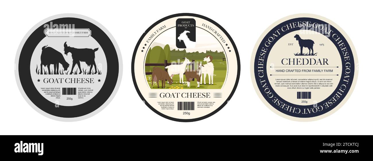 Goat cheese labels. Organic cheddar cheese slices, cartoon goat mozzarella products with labels for food packaging, dairy farm food concept. Vector Stock Vector