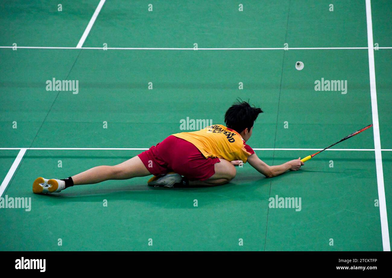 Lalinrat Chaiwan of Thailand competes against Line Christophersen ( not pictured) of Denmark during the finals of Yonex-Sunrise Guwahati Masters 2023 Super 100 women's singles badminton tournament at Sarju Sarai Indoor Sports Complex. Lalinrat Chaiwan won 21-14, 17-21,21-16. Stock Photo