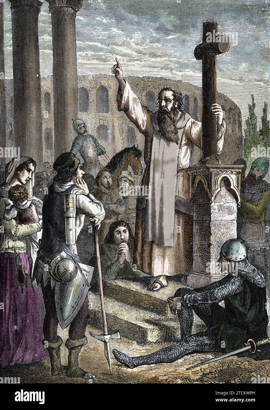 representation of Arnaldus of Brescia (Arnaldo da Brescia) (1090-1155), Italian political and religious reformer, during the preaching. In 1145, he preached in Rome the revolt against Pope Eugene III who will be hunted and seeks to restore the Roman Republic) Engraving from 'Storia-d'Italia' di Luigi-stefanoni Private collection Stock Photo