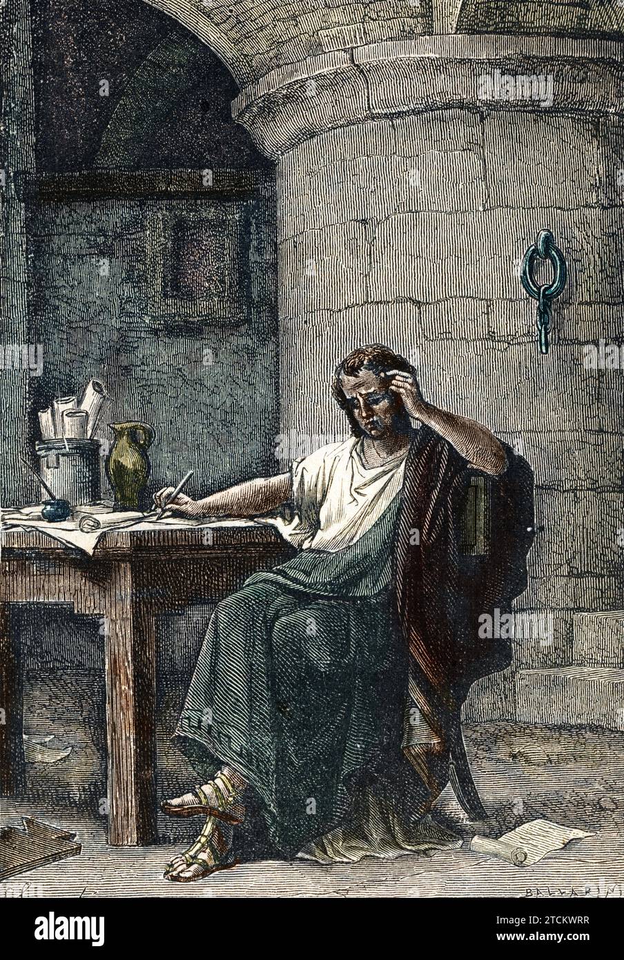 Boethius imprisoned writing De consolatione philosophiae ( Consolation of Philosophy) - Engraving from 'Storia-d'Italia' di Luigi-stefanoni Private collection Stock Photo