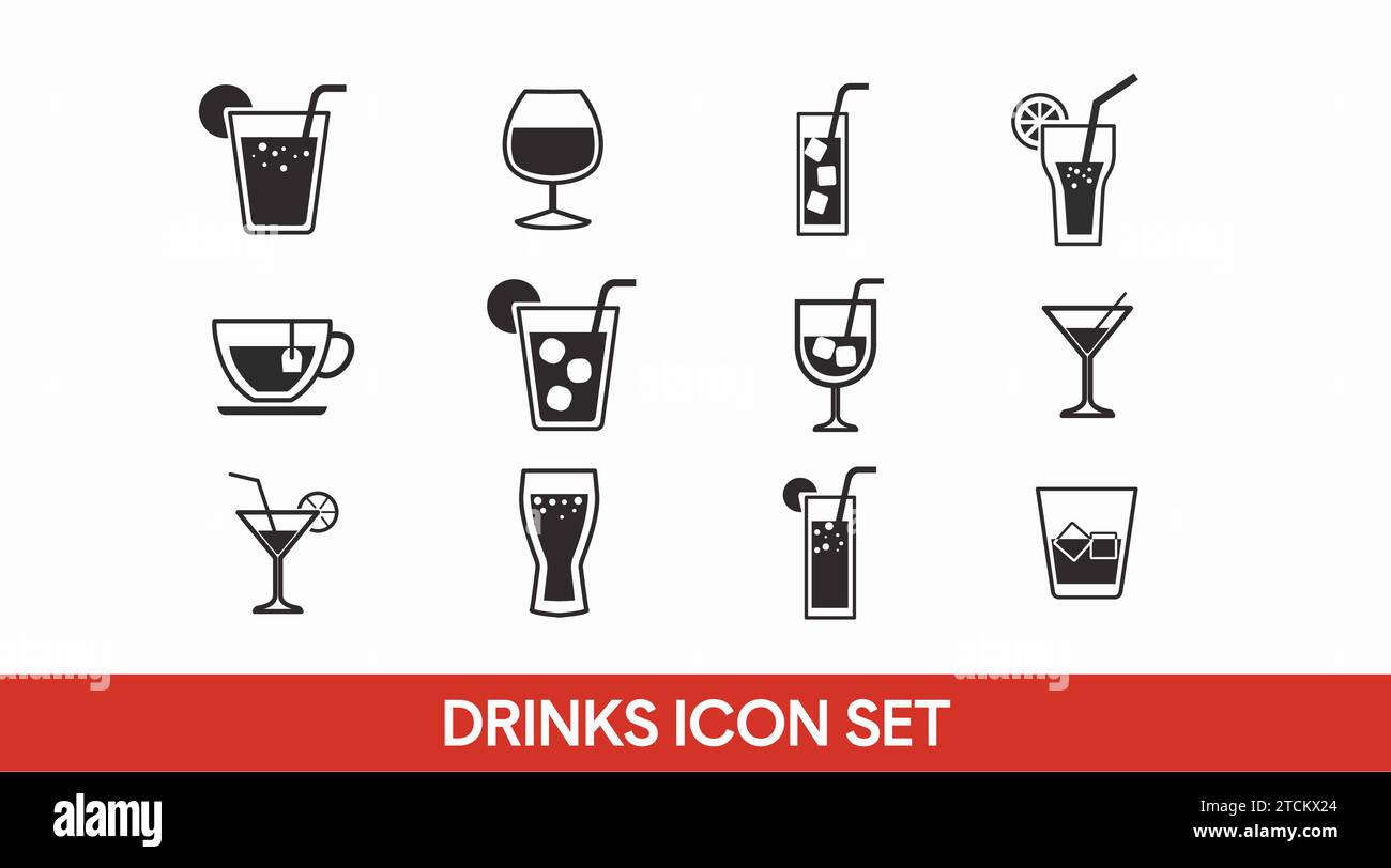 Drinks Icon Set. Vector isolated back and white set of different drinks