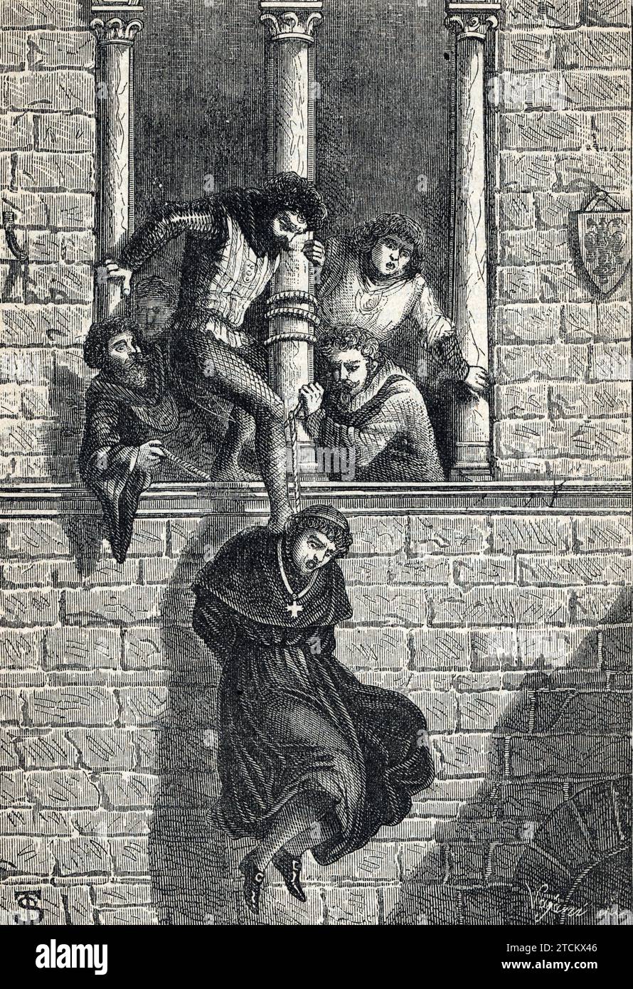 Pazzi conspiracy - death of Francesco Salviati one of the organizers of Pazzi conspiracy arrested by Petrucci and within an hour had been hanged by a lynch mob from the window of the Sala dei Duecento, Palazzo della Signoria, Florence) Engraving from 'Storia-d'Italia' di Luigi-stefanoni Private collection Stock Photo