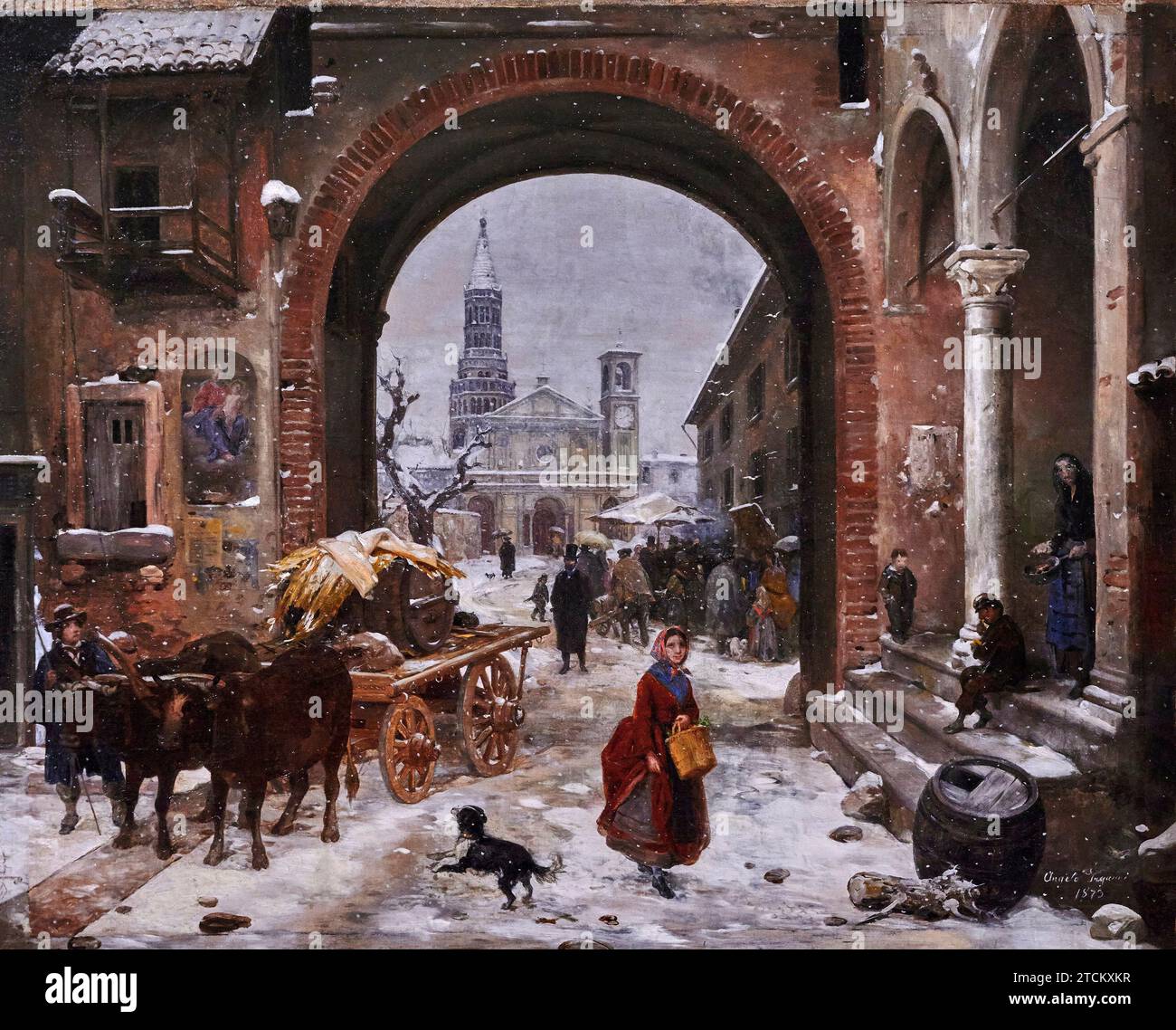 Mercato invernale di fronte all’ Abbazia di Chiaravalle  - olio su tela - Angelo Inganni - 1873 - collezione privata Stock Photo