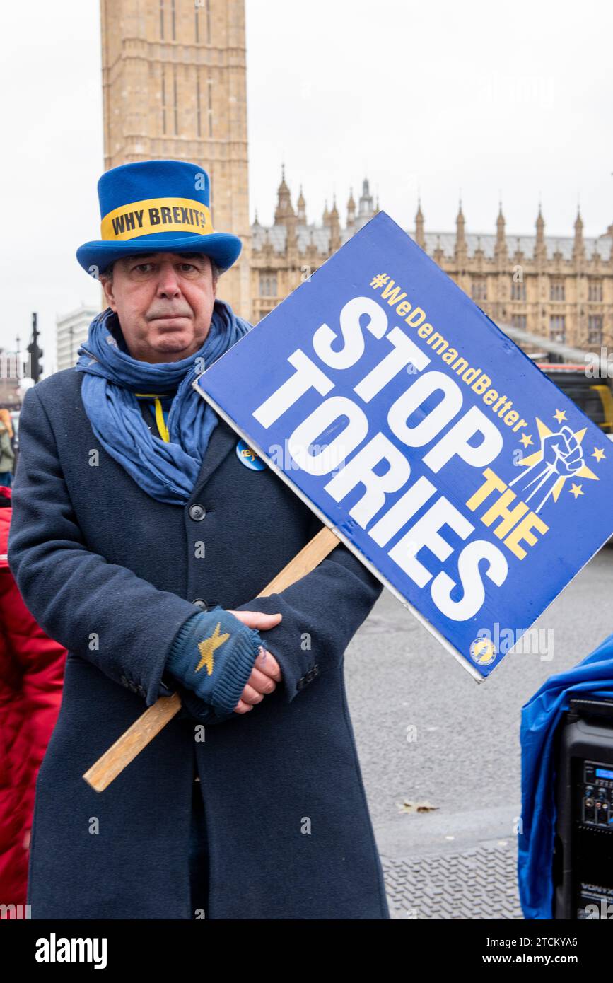 Westminster, London UK, 13th December 2024. Steve Bray, the British activist at his weekly demonstration in Westminster against Brexit and the Conservative Party. He campaigns to rejoin the EU and to get the “Tories liars out of Government”. Credit: Rena Pearl/Alamy Live News Stock Photo