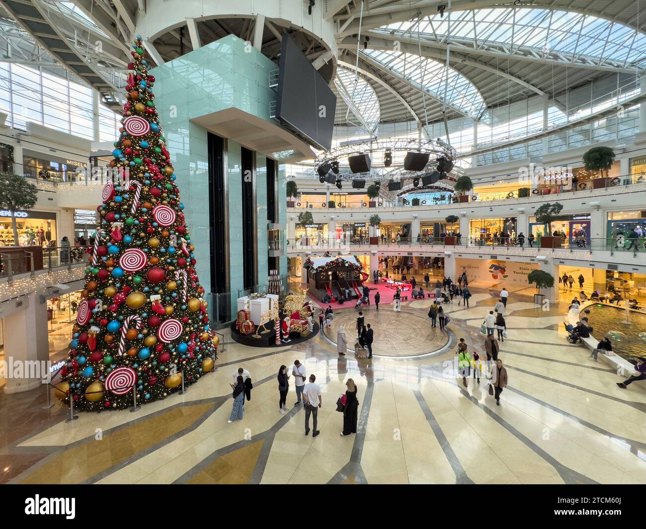 istanbul, turkey - dec 12, 2023; Christmas or noel tree with colorful decorations in Istinye Park shopping mall one of the popular mall in Istanbul, T Stock Photo