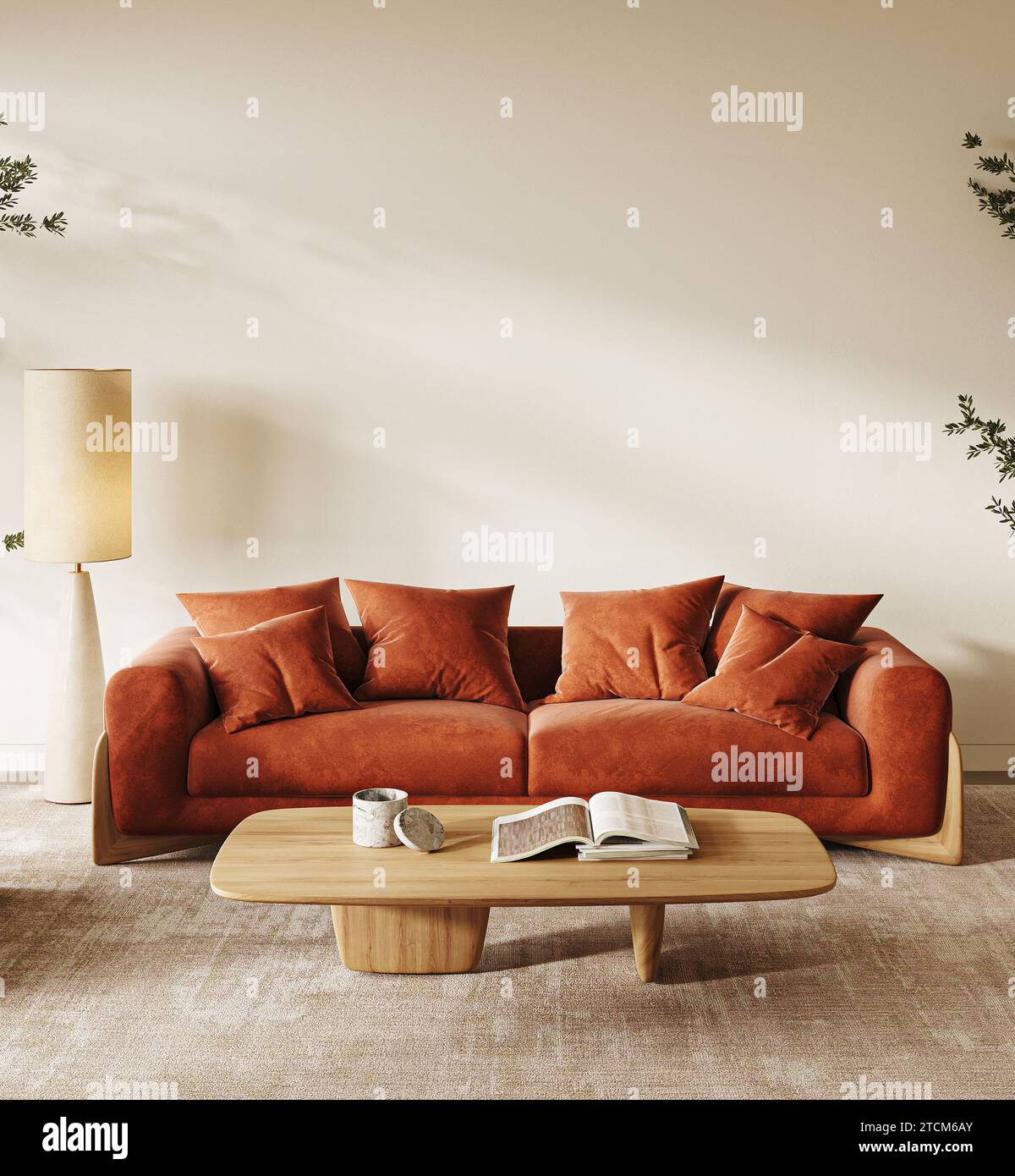 Modern Scandinavian living space with a plush terracotta couch and