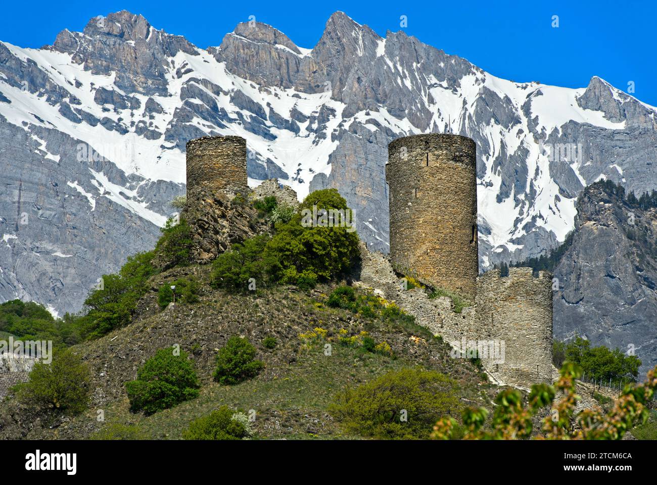 Ruins of the Saillon Castle with the Bayard Tower, Saillon, Valais, Switzerland Stock Photo