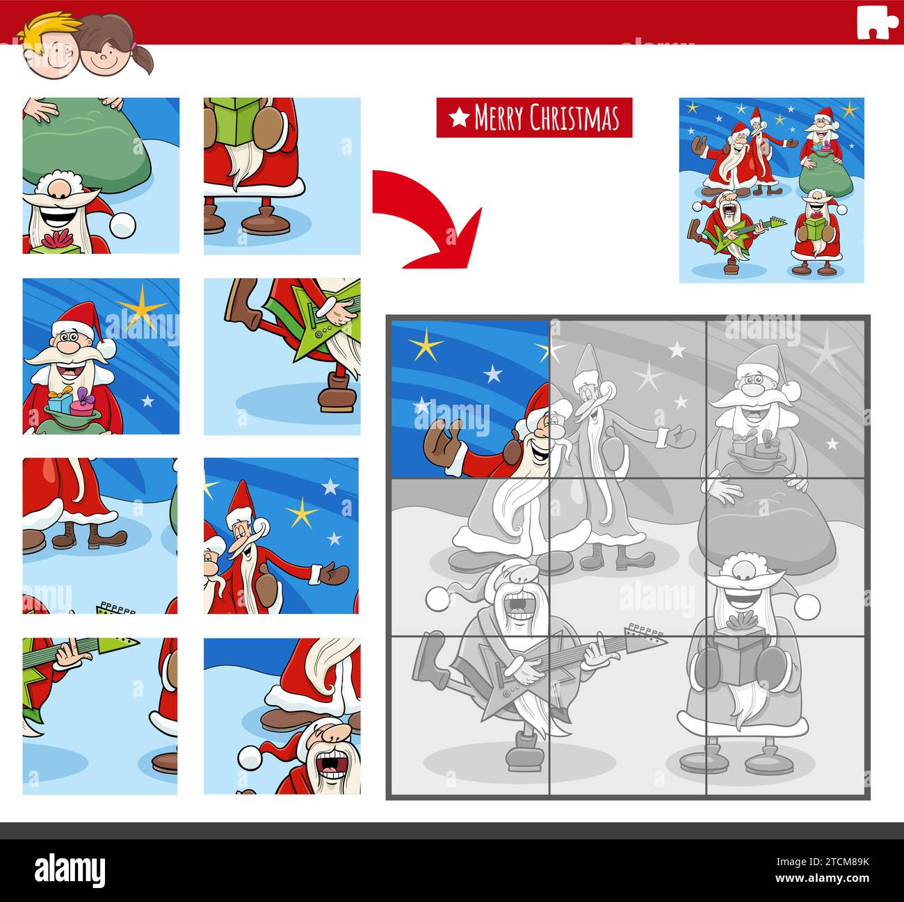Cartoon illustration of educational jigsaw puzzle game with Santa ...