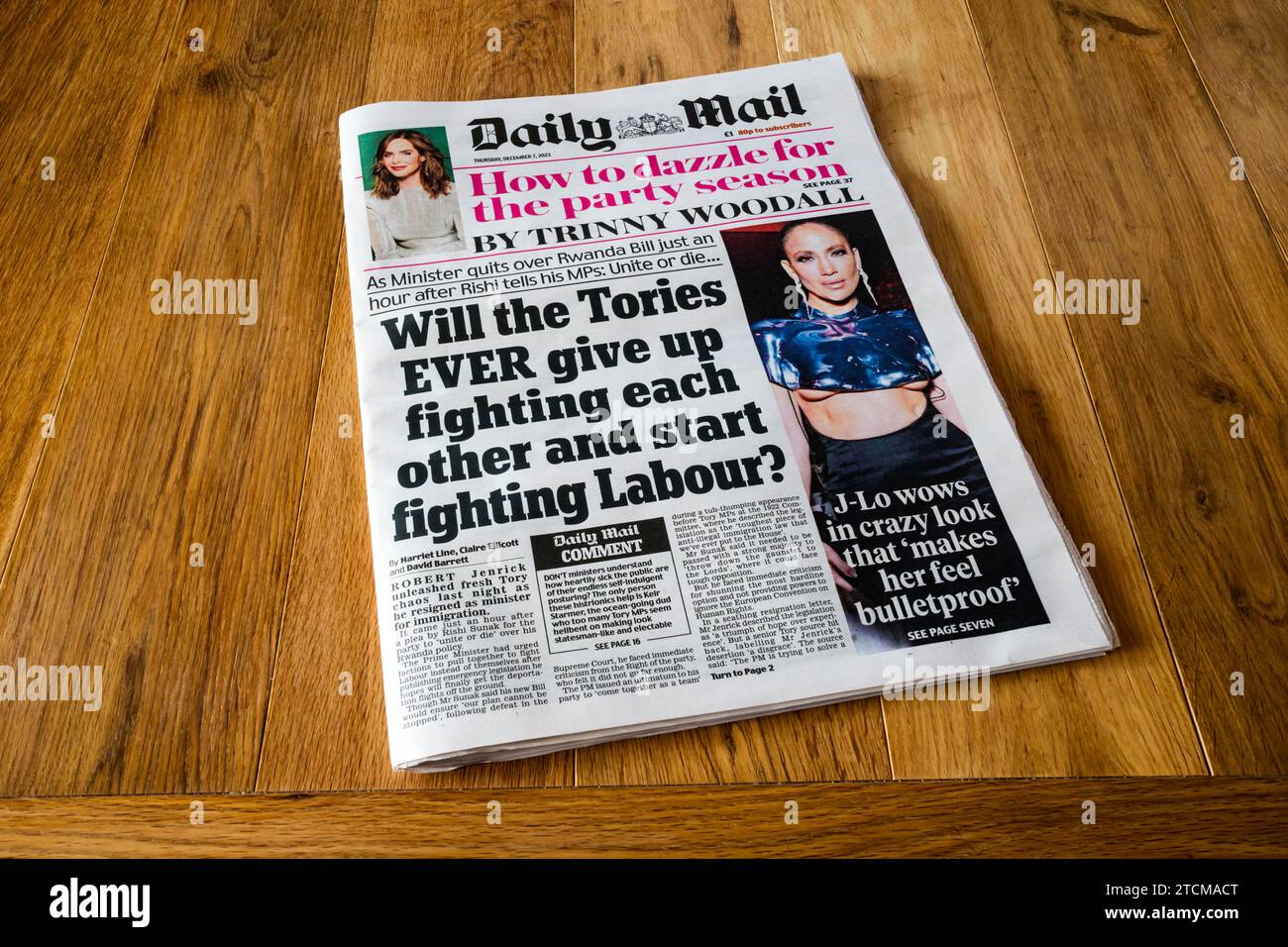 7 December 2023. Front page headline in Daily Mail reads Will the Tories EVER give up fighting each other and start fighting Labour? Stock Photo