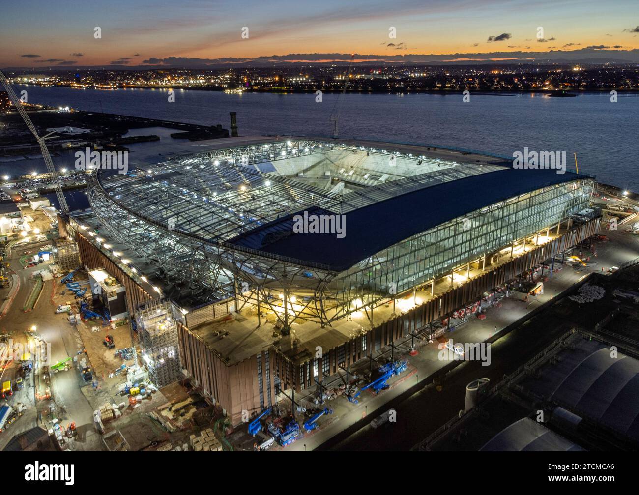 An aerial view as construction work continues on the site of Everton