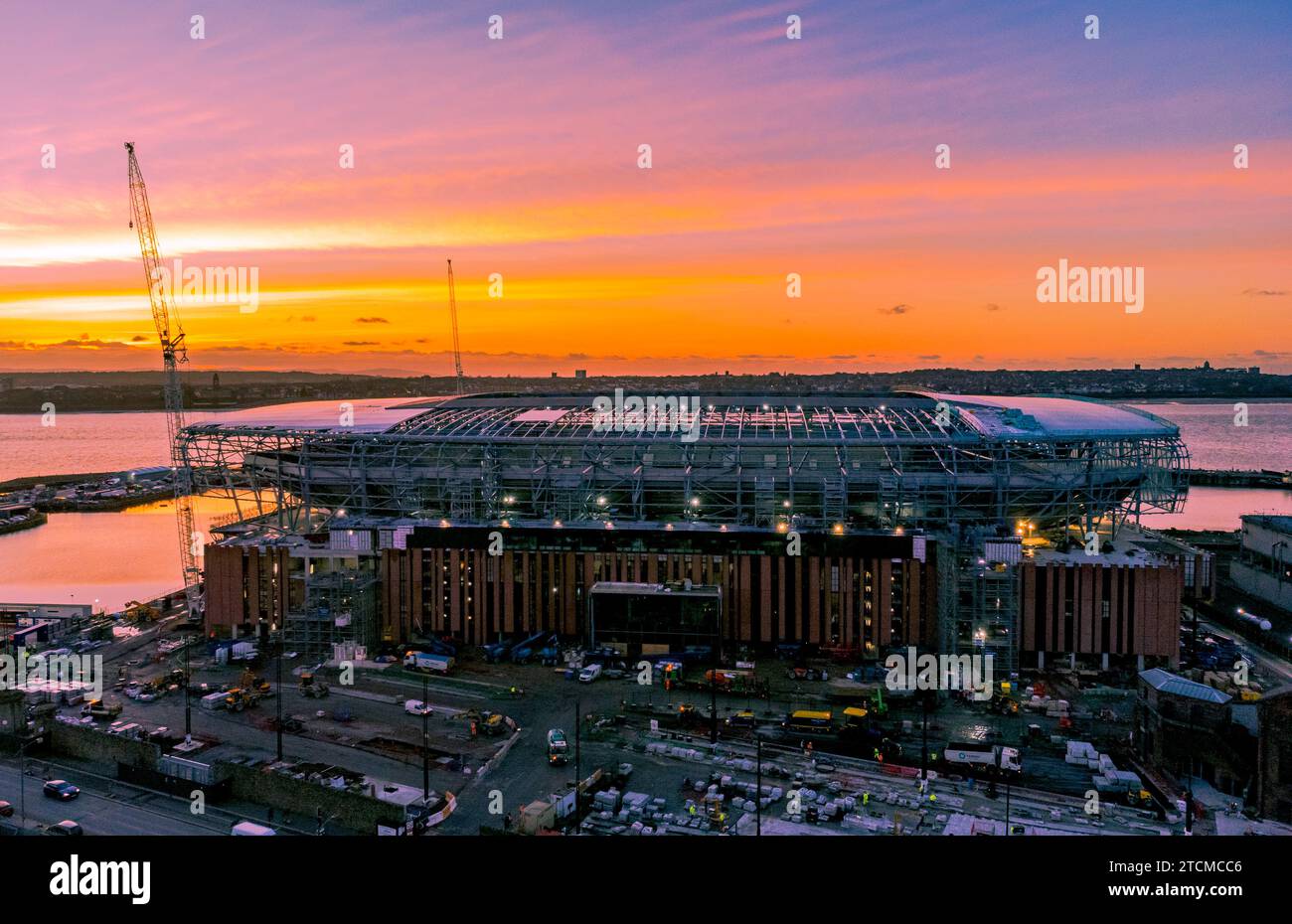 An aerial view as construction work continues on the site of Everton football club's new stadium