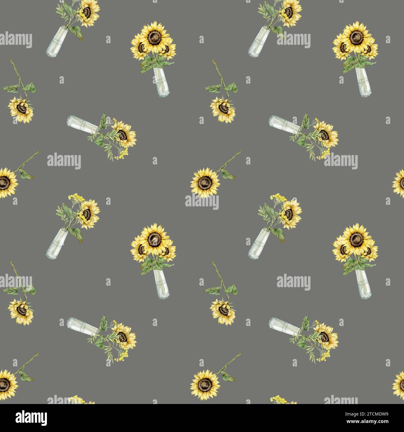 seamless pattern with hand drawn watercolor sunflowers and tansy in a ...