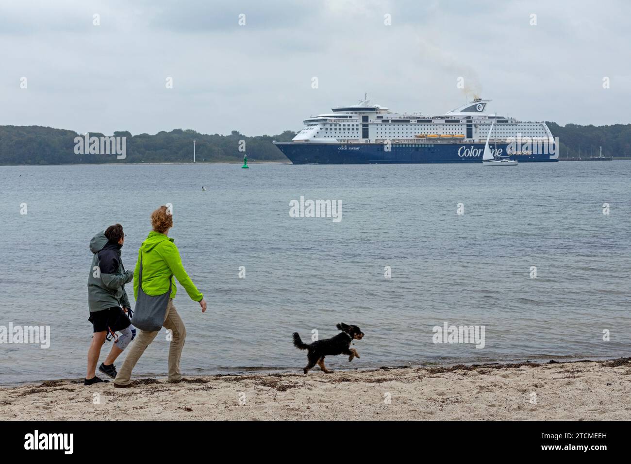 Two women with dog, Falckenstein beach, Baltic Sea, cruise ship, Kieler Förde, Kiel, Schleswig-Holstein, Germany Stock Photo