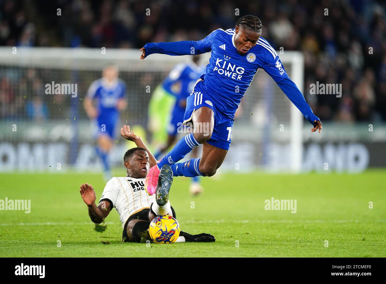 Millwall's Wes Harding (right) tackles Leicester City's Abdul Fatawu ...