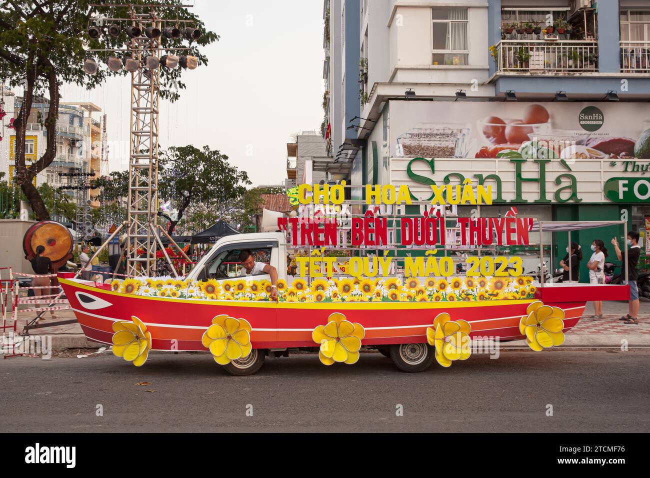 Ho Chi Minh city, Vietnam, January 15 2023 A car decorated as a float on Lunar New Year in