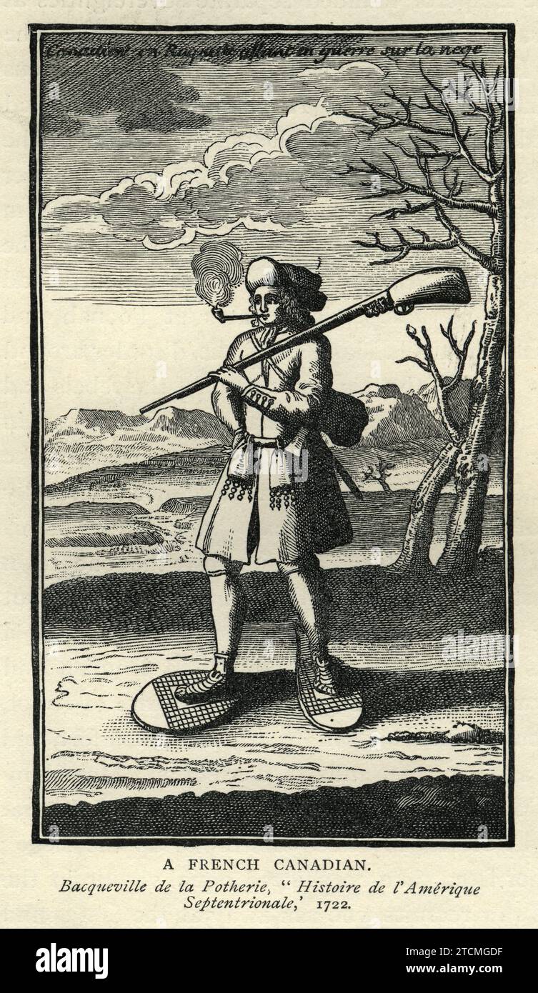 French Canadian hunter, wearing snowshoes, smoking pipe, armed with musket, 1722 18th Century Stock Photo
