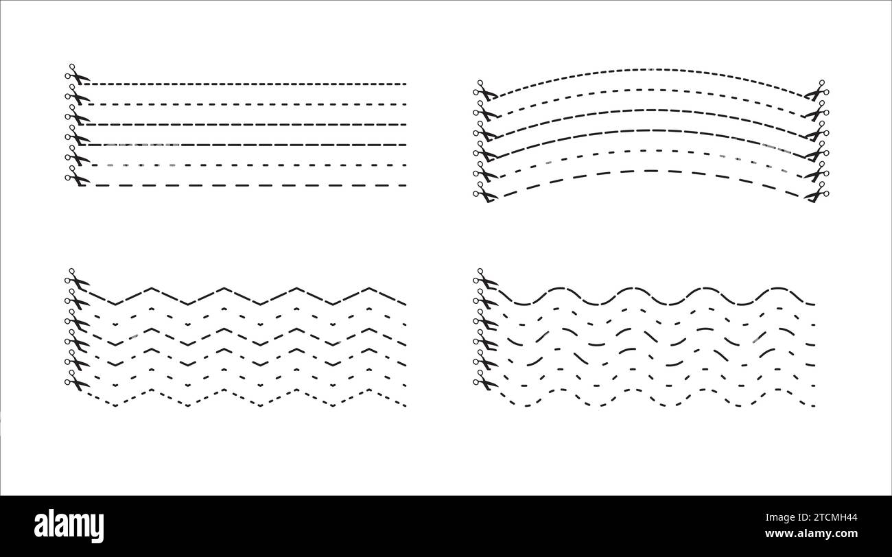 Vector icons set with scissors and cut lines. Stock Vector