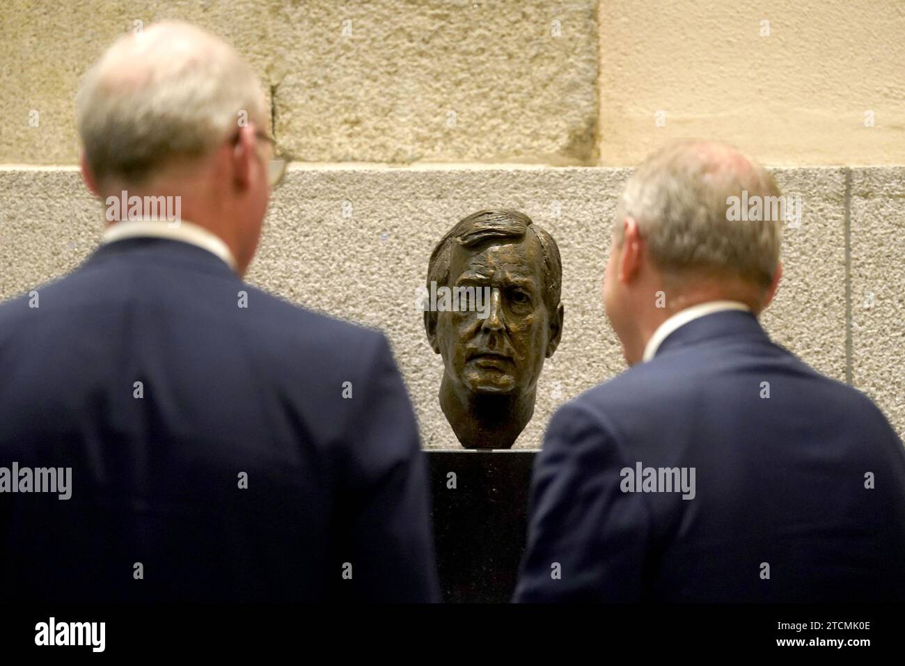 A bust of Lord David Trimble unveiled at Leinster House, Dublin, in dedication to his work towards the Good Friday Agreement. The former UUP leader was the recipient of the Nobel Peace Prize 25 years ago in 1998, when it was also jointly awarded to former SDLP leader John Hume for their work negotiating the historic peace deal. Picture date: Wednesday December 13, 2023. Stock Photo