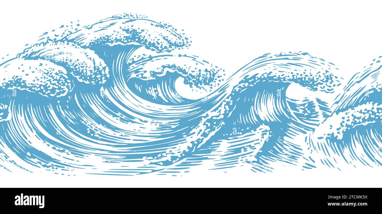 Hand drawn Sea waves. Ocean surf wave horizontal seamless pattern vector illustration, sketch Stock Vector