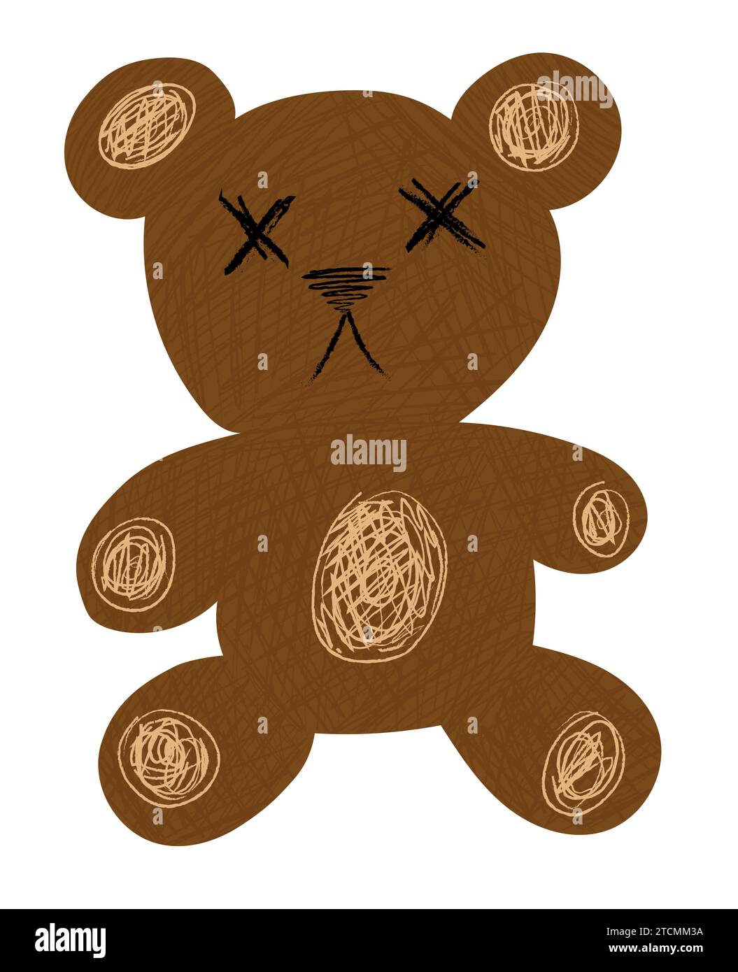 BROWN TEDDY BEAR WITH CROSS EYES, CRAYON PAINTED STYLE Stock Vector