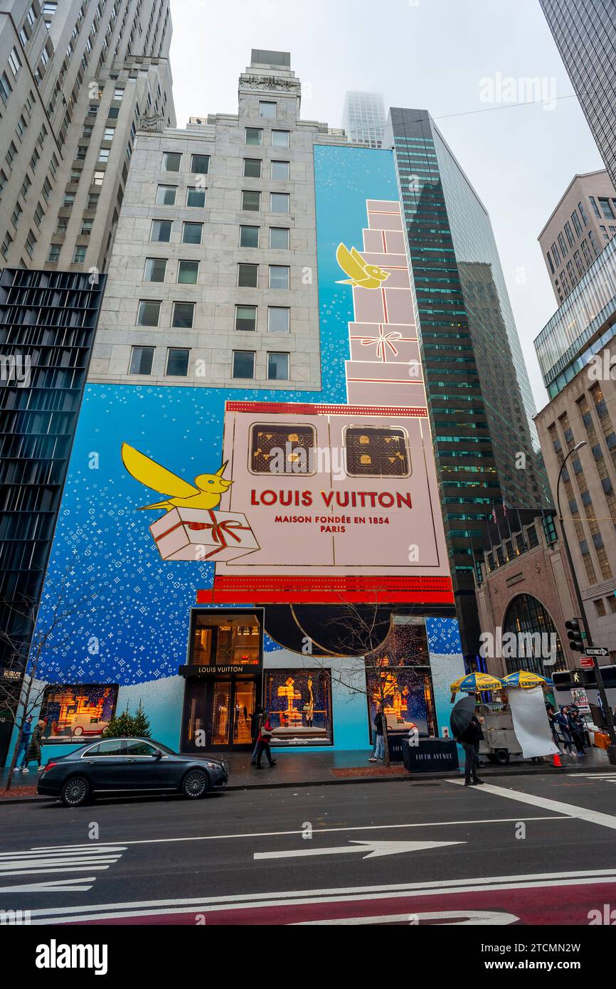 The facade of the flagship Louis Vuitton store in Midtown Manhattan in New York on Sunday, December 10, 2023 is decorated for Christmas. (© Richard B. Levine) Stock Photo