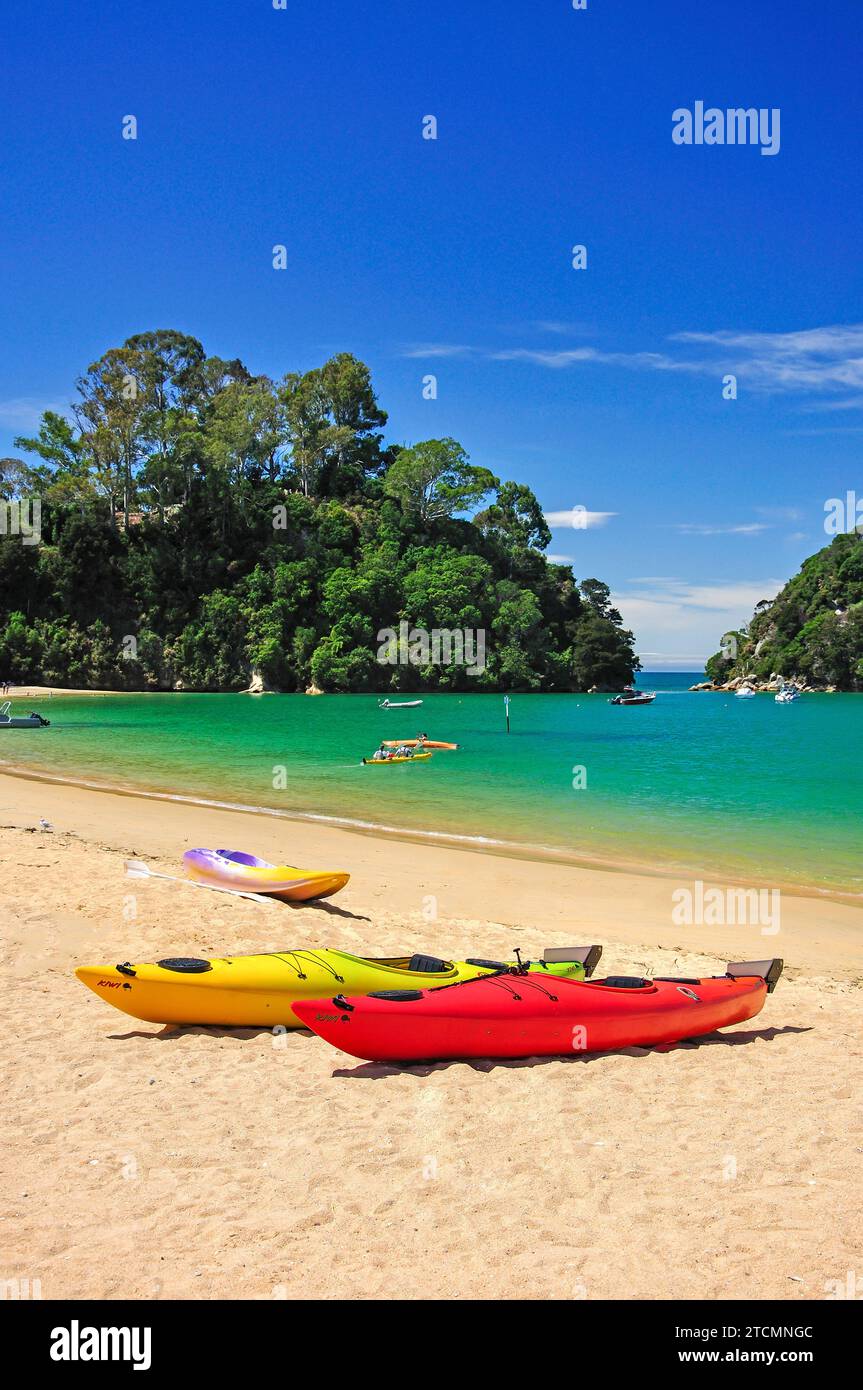 Kayaks on beach, Kaiteriteri Beach, Kaiteriteri, Motueka, Tasman Region, South Island, New