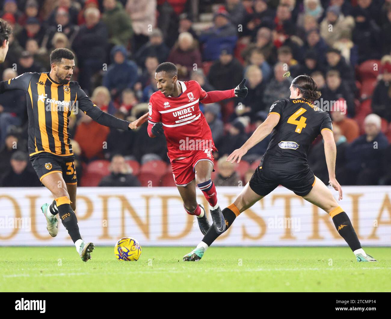 Middlesbrough, UK. 13th Dec, 2023. Isaiah Jones of Middlesbrough in action with Cyrus Christie