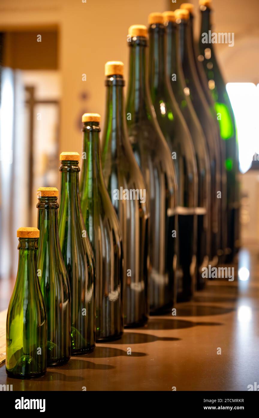 Different sizes of champagne bottles, traditional making champagne