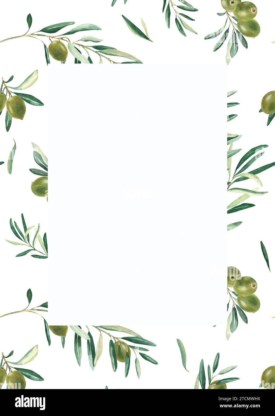 Floral background card template with green olive branches pattern. For ...