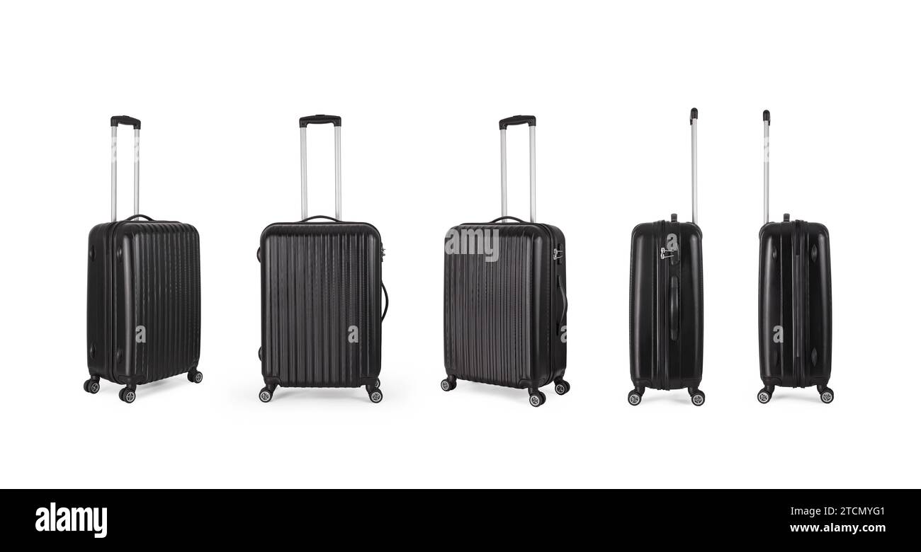 Black plastic suitcase isolated on white background, vacation luggage in perspective view Stock Photo