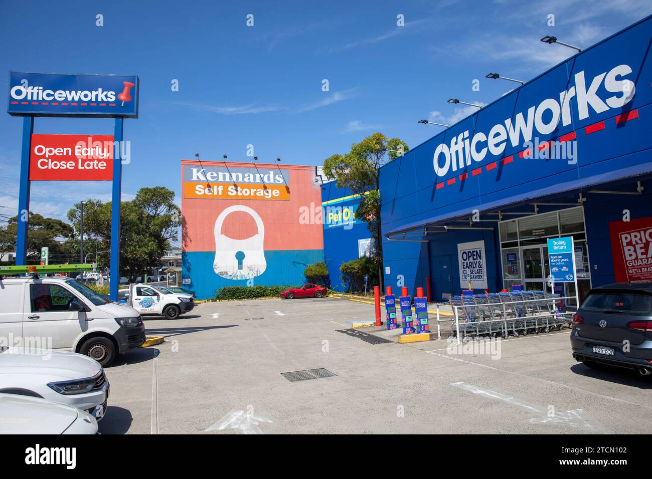 Officeworks stationery store and Kennards self storage facility in Mona