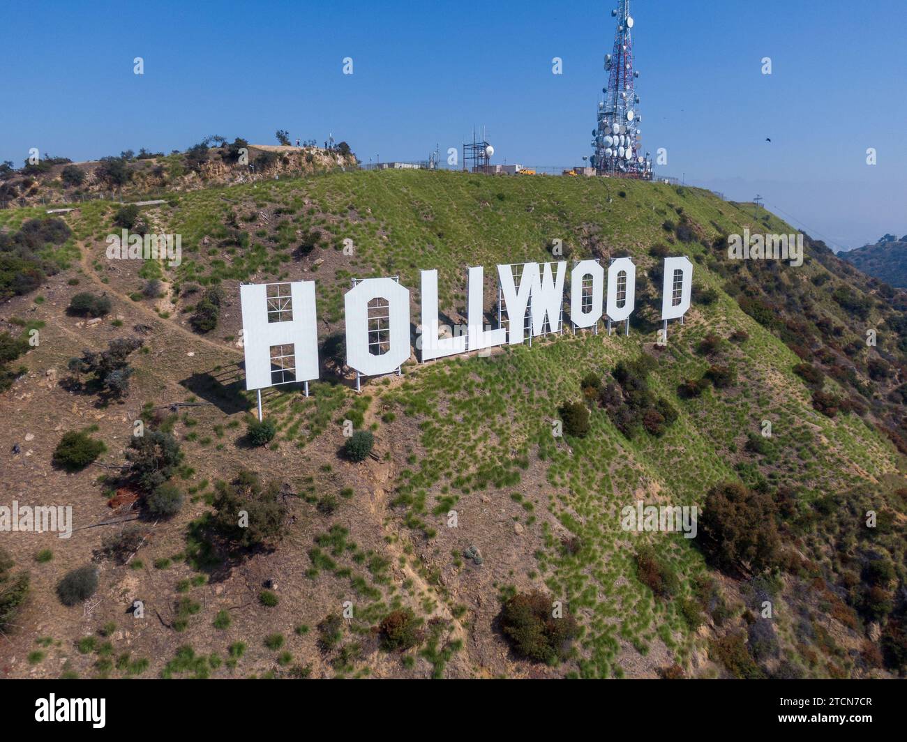 Stock drone images of the Hollywood Sign and surrounding area on a sunny hazy afternoon. Stock Photo