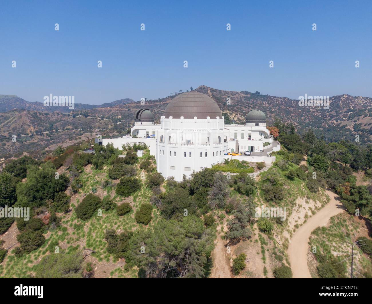 Stock drone images of Griffith Observatory in Los Angeles on a hazy summer afternoon. Stock Photo